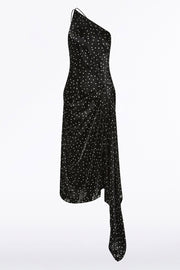 PINSPOT SILK BURNOUT PEAK HEM DRAPED DRESS