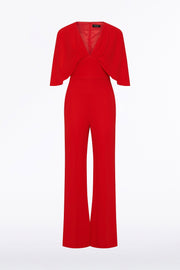 RED CREPE TUCK FRONT CAPE JUMPSUIT