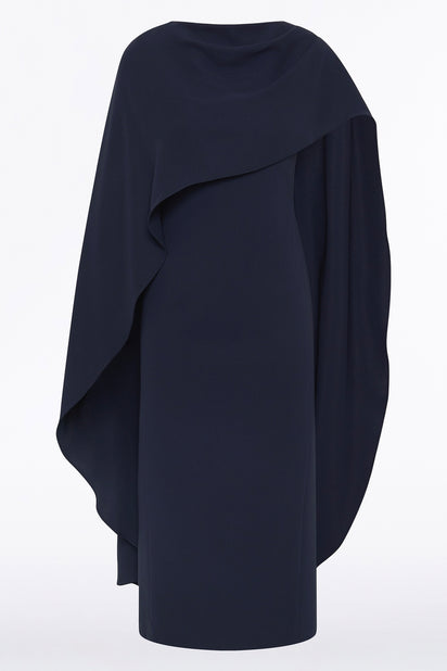 NAVY CREPE CAPE MIDI DRESS
