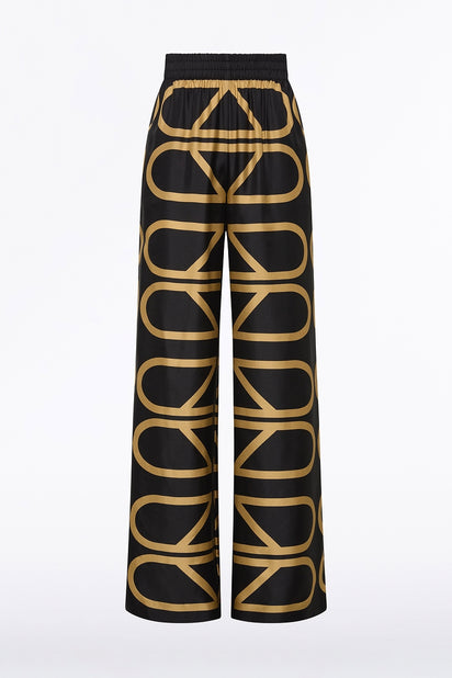 BLACK AND BRANDY GRID SILK TWILL ELASTIC PANT