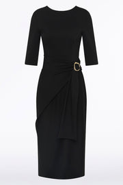 BLACK PONTE OVERLAY WRAP DRESS