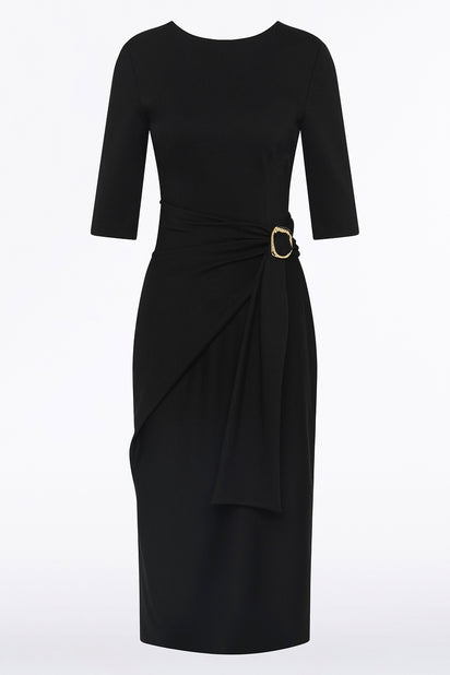 BLACK PONTE OVERLAY WRAP DRESS
