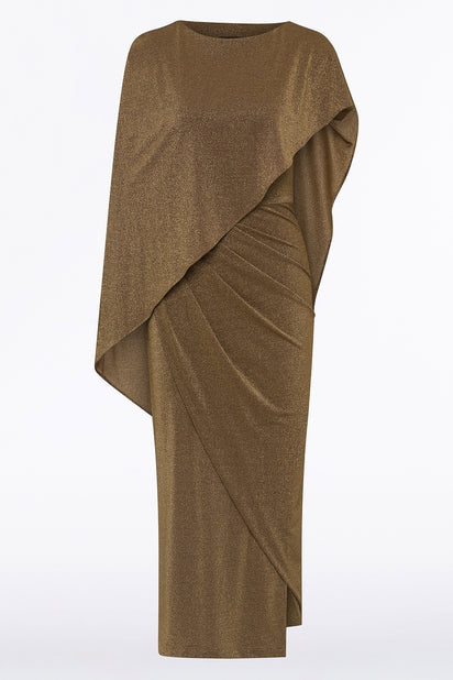 OLD GOLD LUREX KNIT CAPE TWIST DRESS
