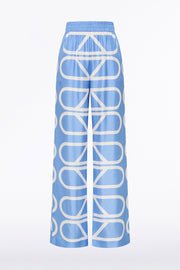 PACIFIC BLUE AND IVORY GRID SILK TWILL ELASTIC PANT