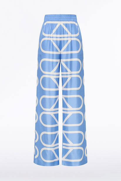 PACIFIC BLUE AND IVORY GRID SILK TWILL ELASTIC PANT