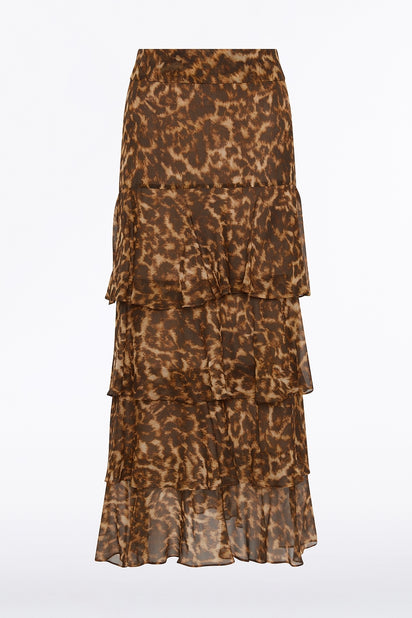LEOPARD SILK TIERED MAXI SKIRT