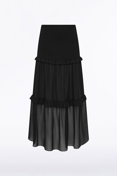 BLACK CREPE TIERED RUFFLE MIDI SKIRT