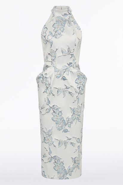 MURANO BROCADE HALTER NECK MIDI DRESS