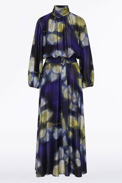 CALLA LILY SILK VISCOSE GATHERED SLEEVE DRESS