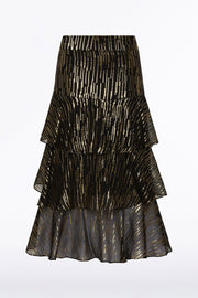 BLACK METALLIC SILK JACQUARD TIERED RUFFLE SKIRT