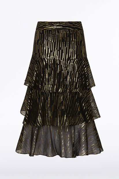 BLACK METALLIC SILK JACQUARD TIERED RUFFLE SKIRT