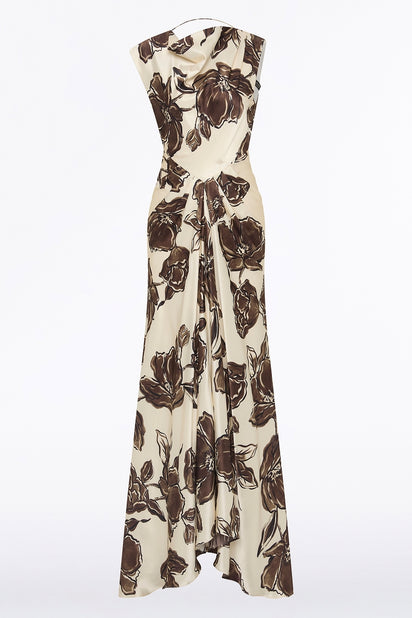MOCHA BOUQUET SILK VISCOSE CINCHED MAXI DRESS