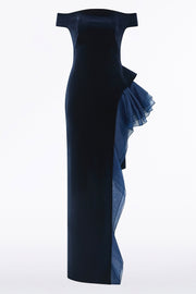 NAVY VELVET ORGANZA DETAIL GOWN