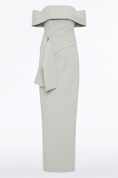 SILVER CREPE LA BANDA OFF SHOULDER GOWN