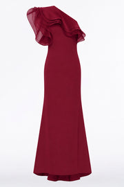 CABERNET CREPE ONE SHOULDER ORGANZA RUFFLE GOWN