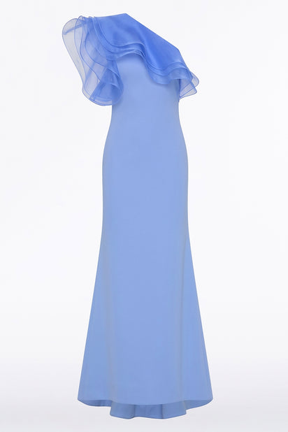 CORNFLOWER CREPE ONE SHOULDER ORGANZA RUFFLE GOWN