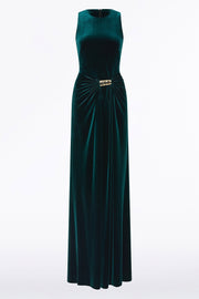 HUNTER GREEN VELVET GOLD DETAIL MAXI DRESS