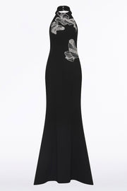 BLACK CREPE EMBELLISHED HALTER GOWN