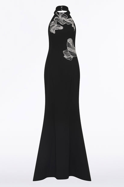BLACK CREPE EMBELLISHED HALTER GOWN