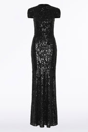BLACK CASCADE SEQUIN RAGLAN SLEEVE GOWN