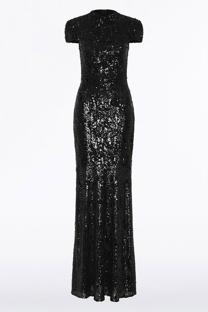 BLACK CASCADE SEQUIN RAGLAN SLEEVE GOWN