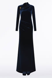 NAVY VELVET ASYMMETRIC NECK DETAIL GOWN