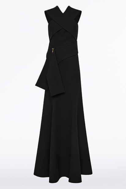 BLACK CREPE FASCIA CROSS GOWN