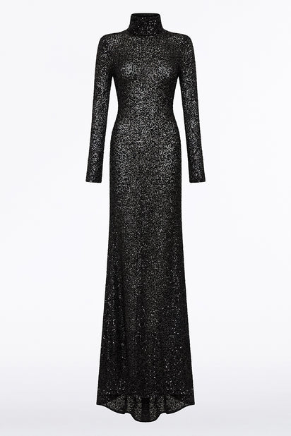 BLACK CRUSHED SEQUIN SKIVVY GOWN