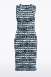 ROYAL METALLIC CHECK TWEED FRINGED SHEATH DRESS