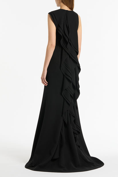 BLACK CREPE PETAL BACK GOWN
