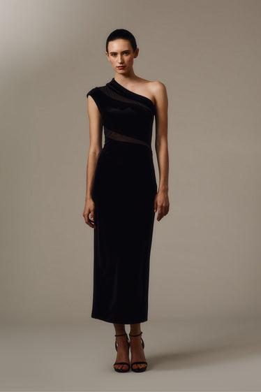 BLACK VELVET ONE SHOULDER DRESS