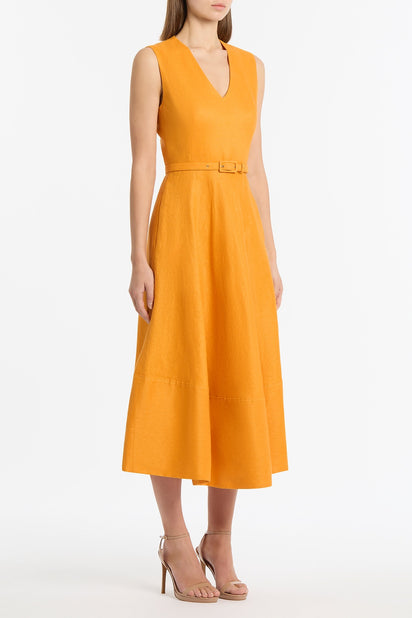 AMBER LINEN BELTED MIDI DRESS