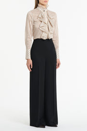 BEIGE SILK TENCEL STRIPE FRILL FRONT SHIRT