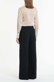 BEIGE SILK TENCEL STRIPE FRILL FRONT SHIRT