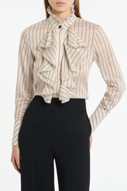 BEIGE SILK TENCEL STRIPE FRILL FRONT SHIRT