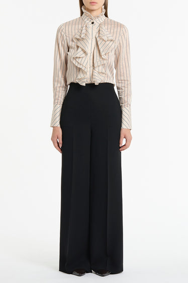 BEIGE SILK TENCEL STRIPE FRILL FRONT SHIRT