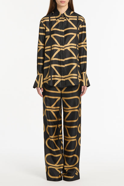 BLACK AND BRANDY GRID SILK TWILL RELAXED SHIRT