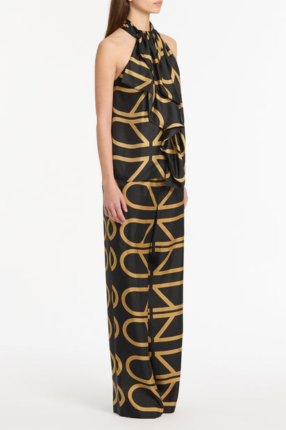 BLACK AND BRANDY GRID SILK TWILL RUFFLE HALTER TOP