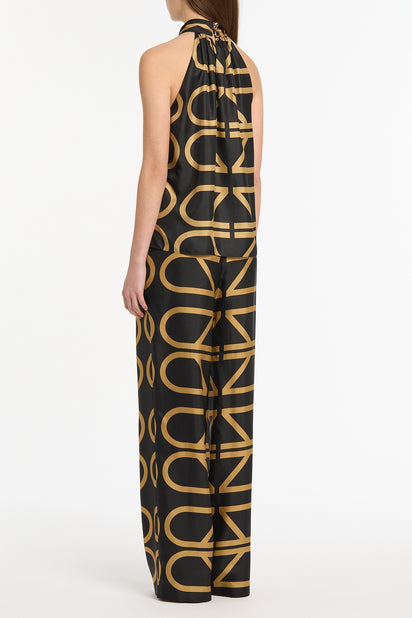 BLACK AND BRANDY GRID SILK TWILL RUFFLE HALTER TOP