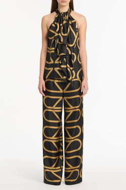 BLACK AND BRANDY GRID SILK TWILL RUFFLE HALTER TOP