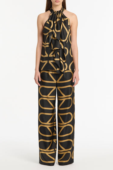 BLACK AND BRANDY GRID SILK TWILL RUFFLE HALTER TOP