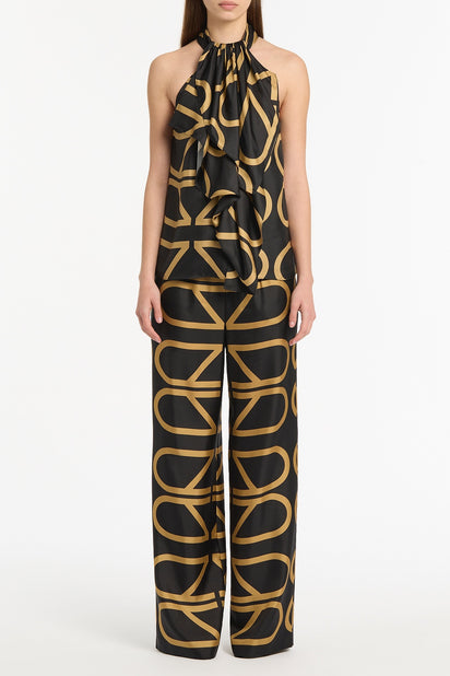 BLACK AND BRANDY GRID SILK TWILL RUFFLE HALTER TOP