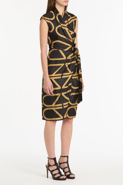 BLACK AND BRANDY GRID SILK TWILL WRAP DRESS
