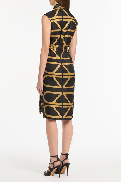 BLACK AND BRANDY GRID SILK TWILL WRAP DRESS