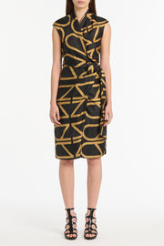 BLACK AND BRANDY GRID SILK TWILL WRAP DRESS