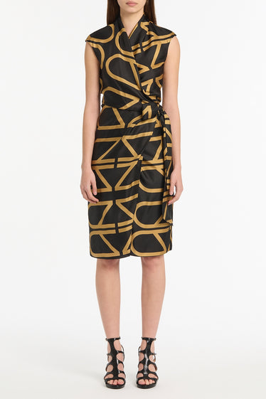 BLACK AND BRANDY GRID SILK TWILL WRAP DRESS