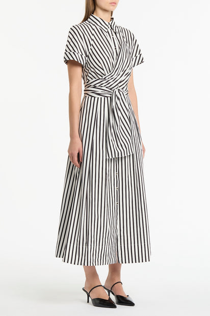 BLACK AND WHITE STRIPE COTTON WRAP SHIRT DRESS