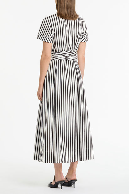 BLACK AND WHITE STRIPE COTTON WRAP SHIRT DRESS