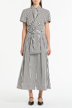 BLACK AND WHITE STRIPE COTTON WRAP SHIRT DRESS