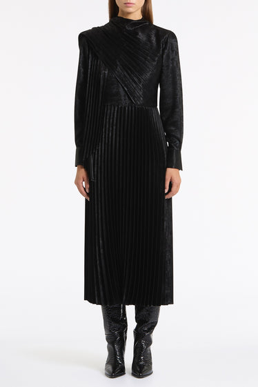 BLACK BURNISHED METALLIC PLISSE DRESS